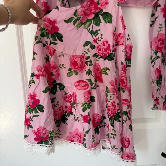 Barbie Pink Rose Floral LoveShackFancy style Mini Cut Out Flowy Summer Dress XS - Picture 12 of 13
